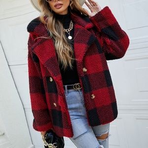 Red Black Plaid Teddy Button Minimalist Jacket Coat